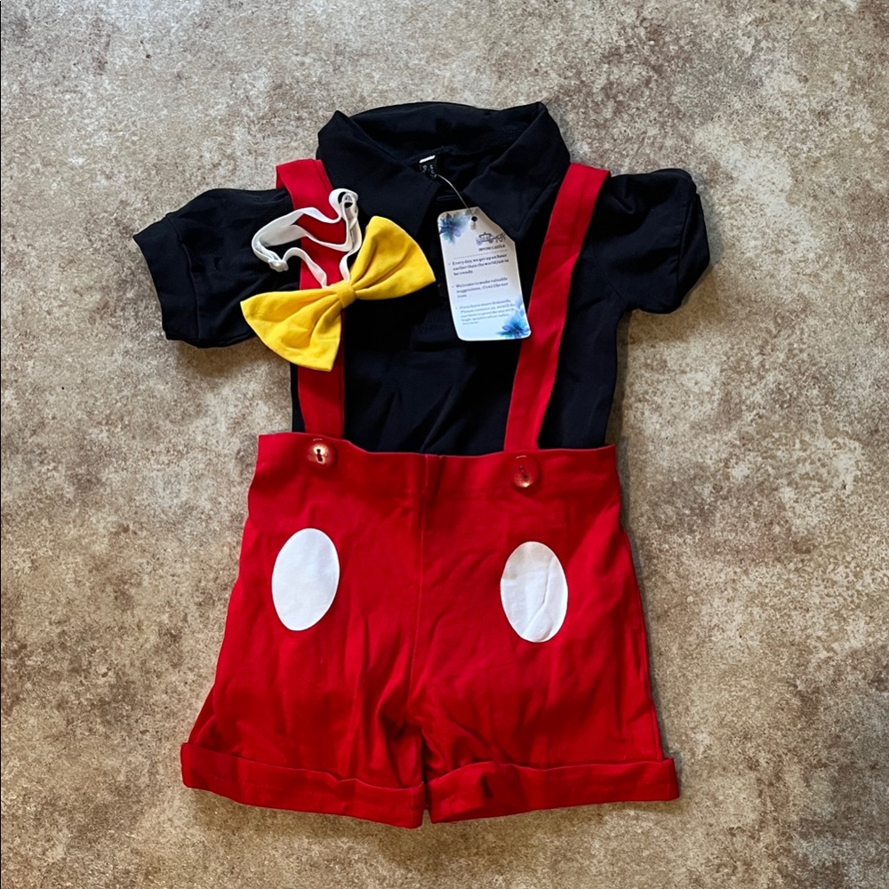 Red and Black Suspender Outfit with Yellow Bow Tie